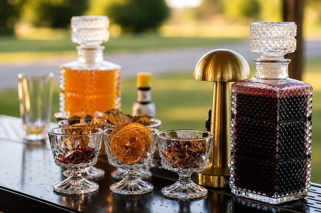 Barra de tragos con licoreras de cristal, copas talladas y frutas deshidratadas al atardecer